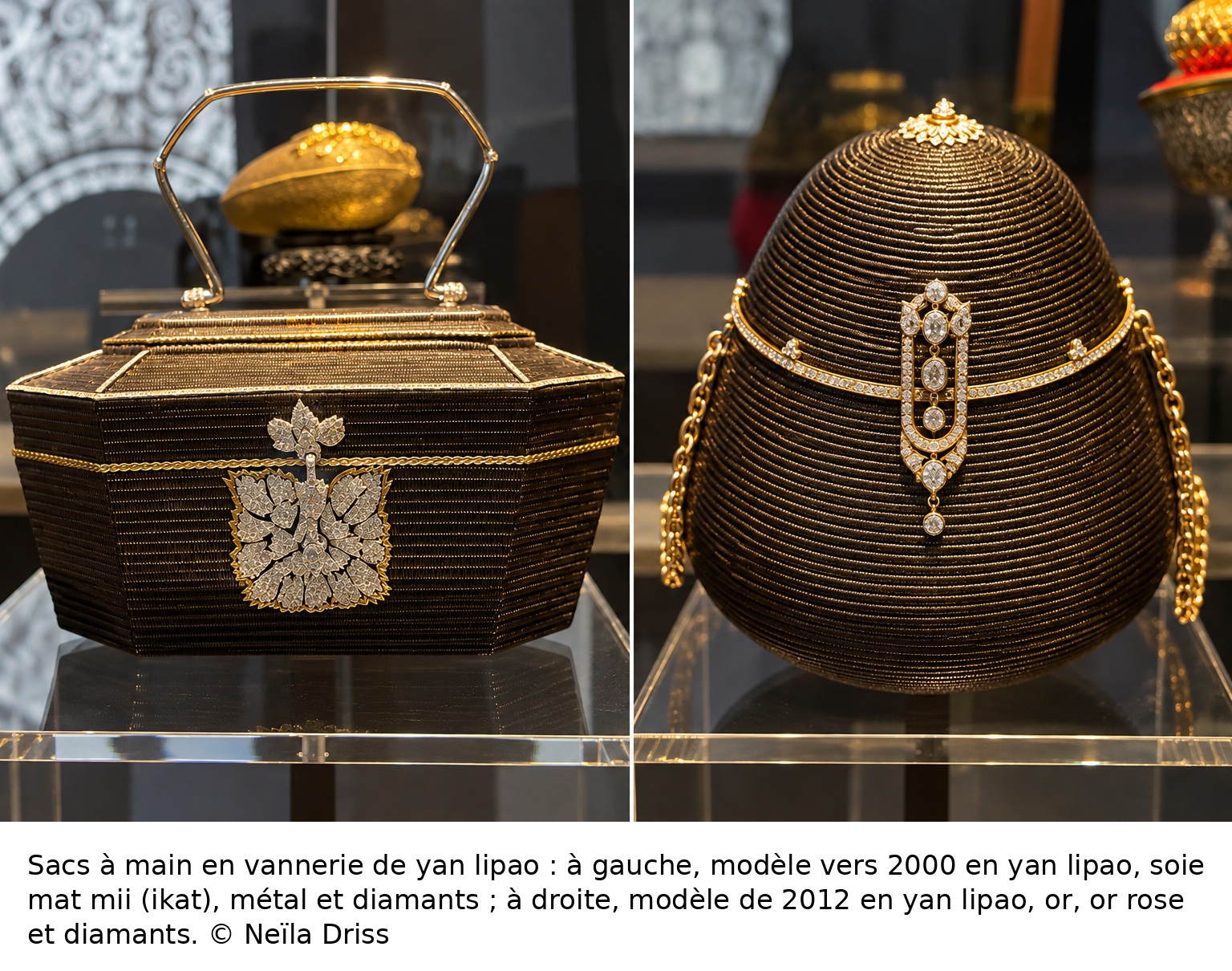 Deux sacs à main thaïlandais en vannerie traditionnelle yan lipao, associant artisanat, or et diamants.